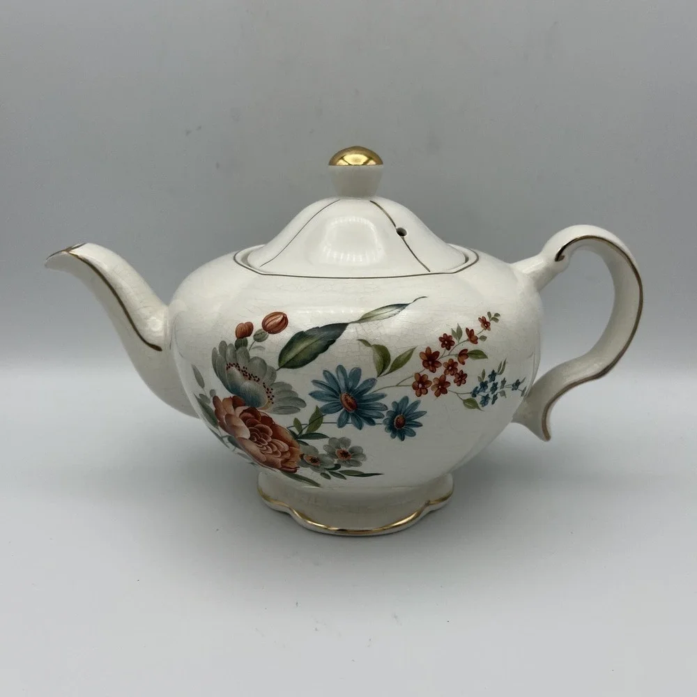 Vintage Ellgreave Wood & Sons Teapot Lid Floral Gold Trim Heatmaster England 4 C